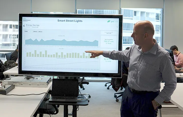 Mike Holt, co-founder of gridComm, demonstrating how its software can help save electricity and make lights work more efficiently.