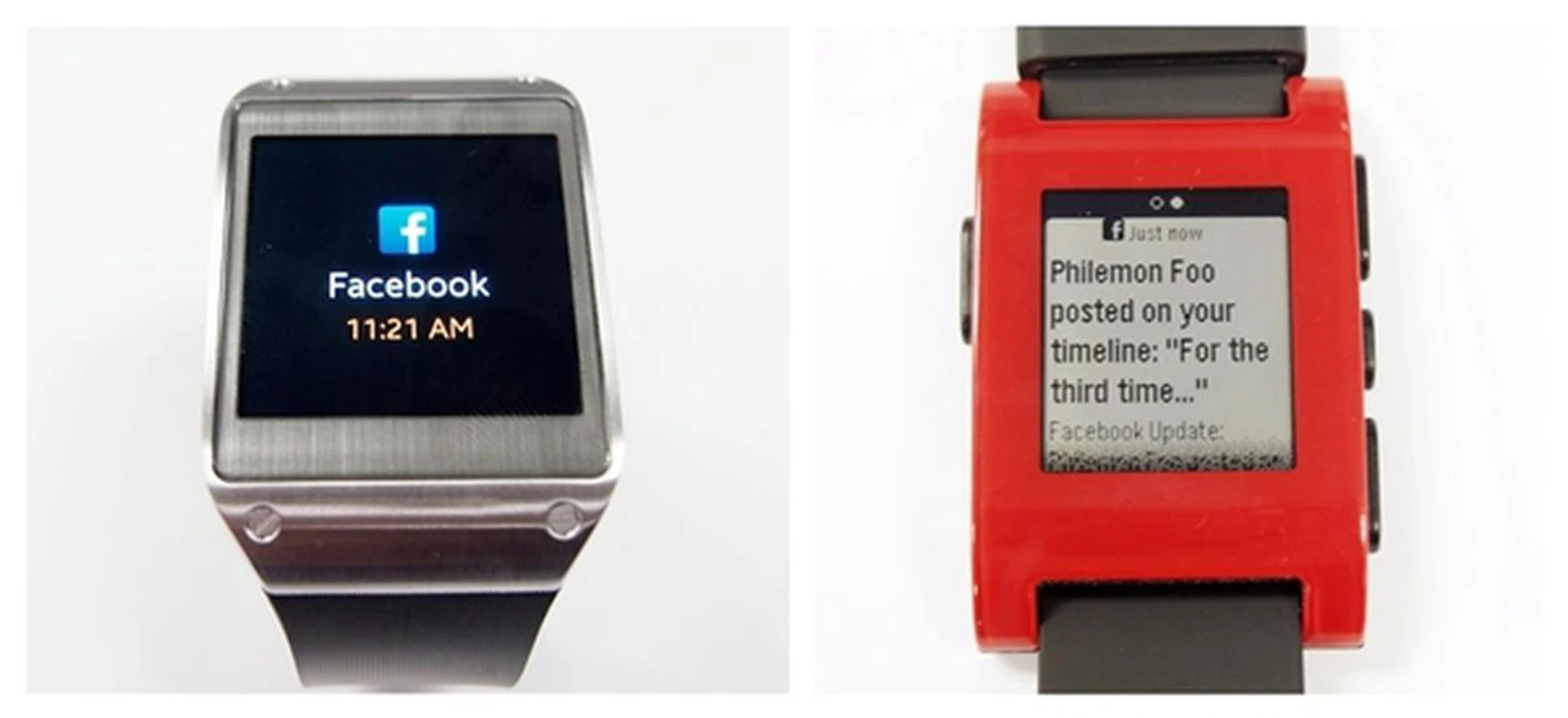The same limitation applies for notifications from social networking sites. You can only see that there is a Facebook notification on the Galaxy Gear (left), unlike the Pebble Watch which gives you a preview of the notification (right).