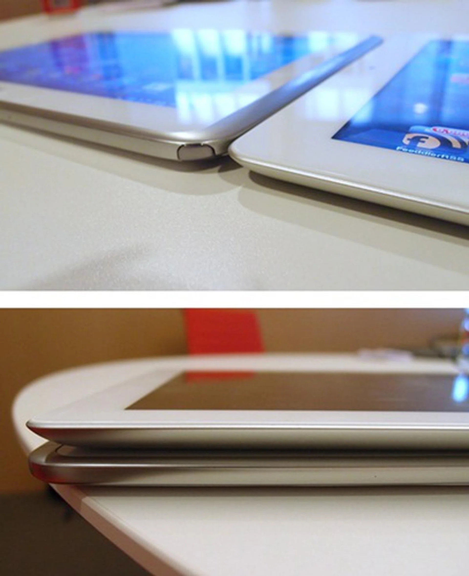 It is hard to see from these shots but the Galaxy Note 10.1 is just a tad thinner (8.9 mm) than the new iPad (9.4 mm).