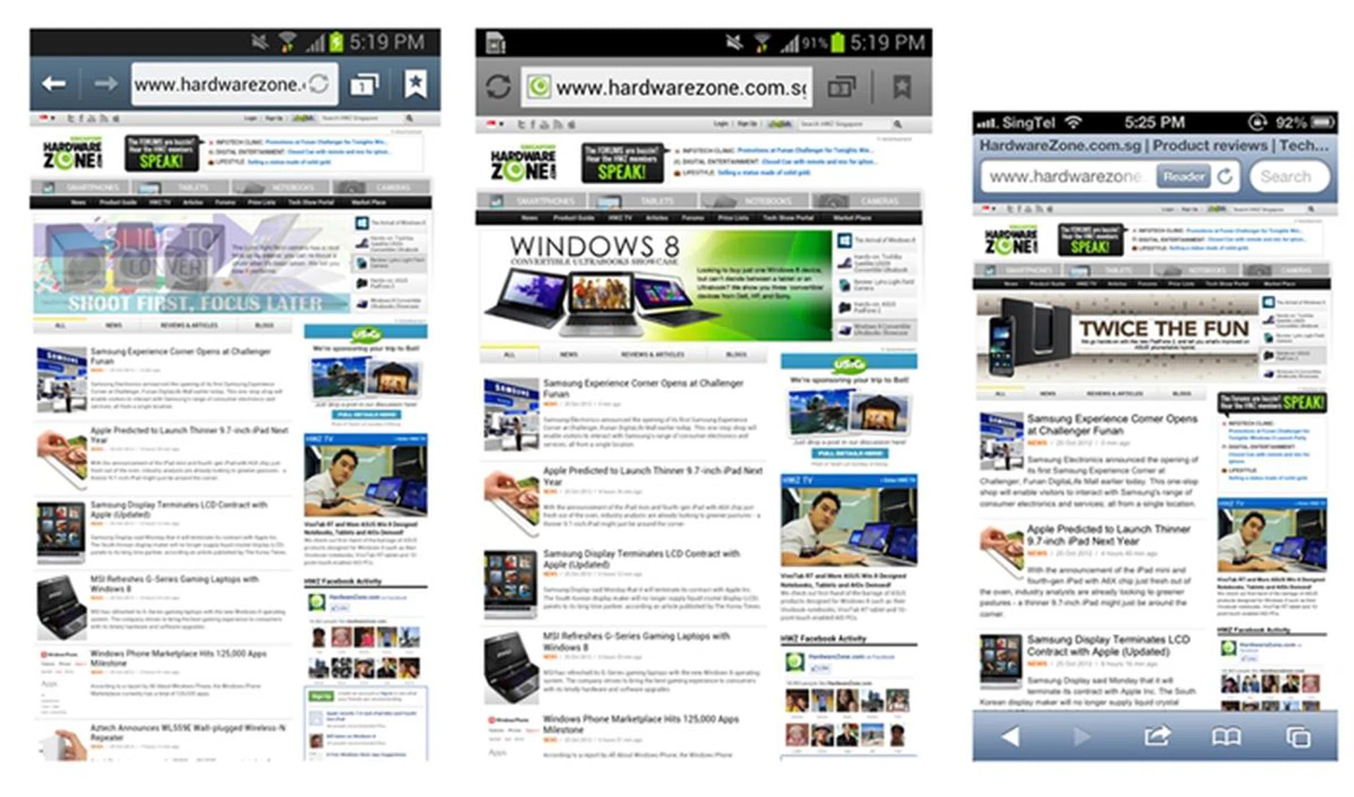 From left to right: Samsung Galaxy Note II, Galaxy Note, Apple iPhone 5.