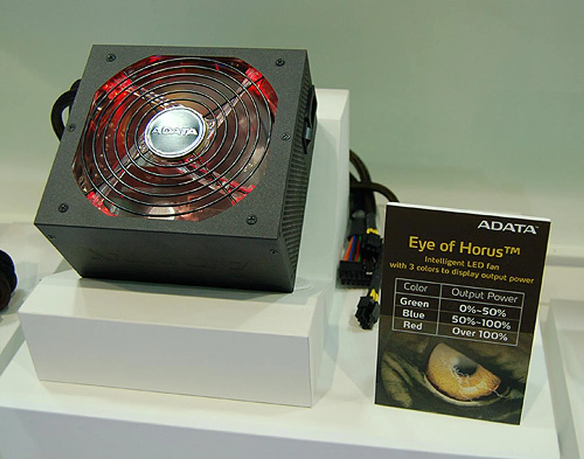 This is ADATA's latest Horus series of PSUs. The LED fan displays three different colors to indicate its current load.