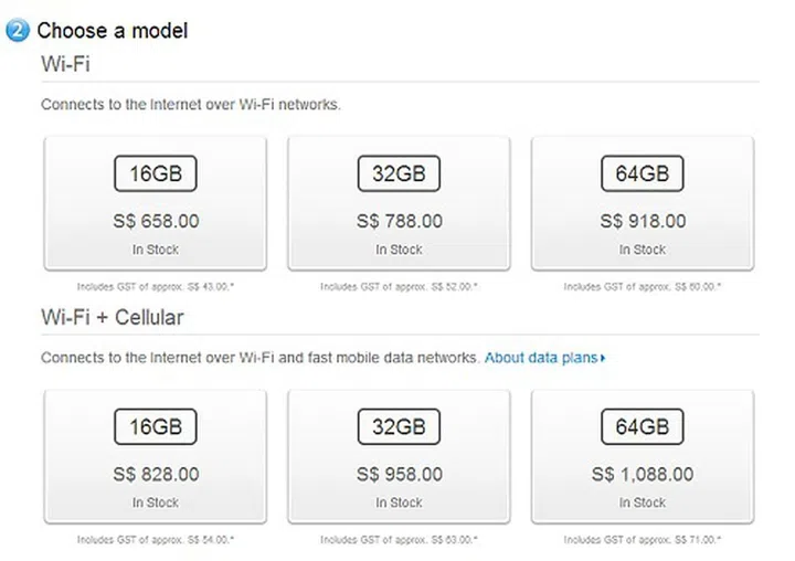 Shown here is Apple's current price options locally for the existing fourth generation iPads at the time of publishing. Given the S$1,048 and S$1,218 price points for the upcoming 128GB models, either the new entrant is a steal, or Apple's thinking of updating the prices soon across the board.