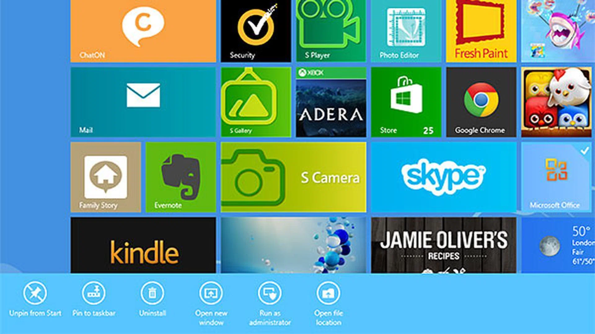 Swiping vertically across a tile reveals relevant tile commands at the bottom of the screen. For example, you can unpin it from the Start screen, or uninstall the app. For some apps, this is how you get the 'Run as administrator' option.