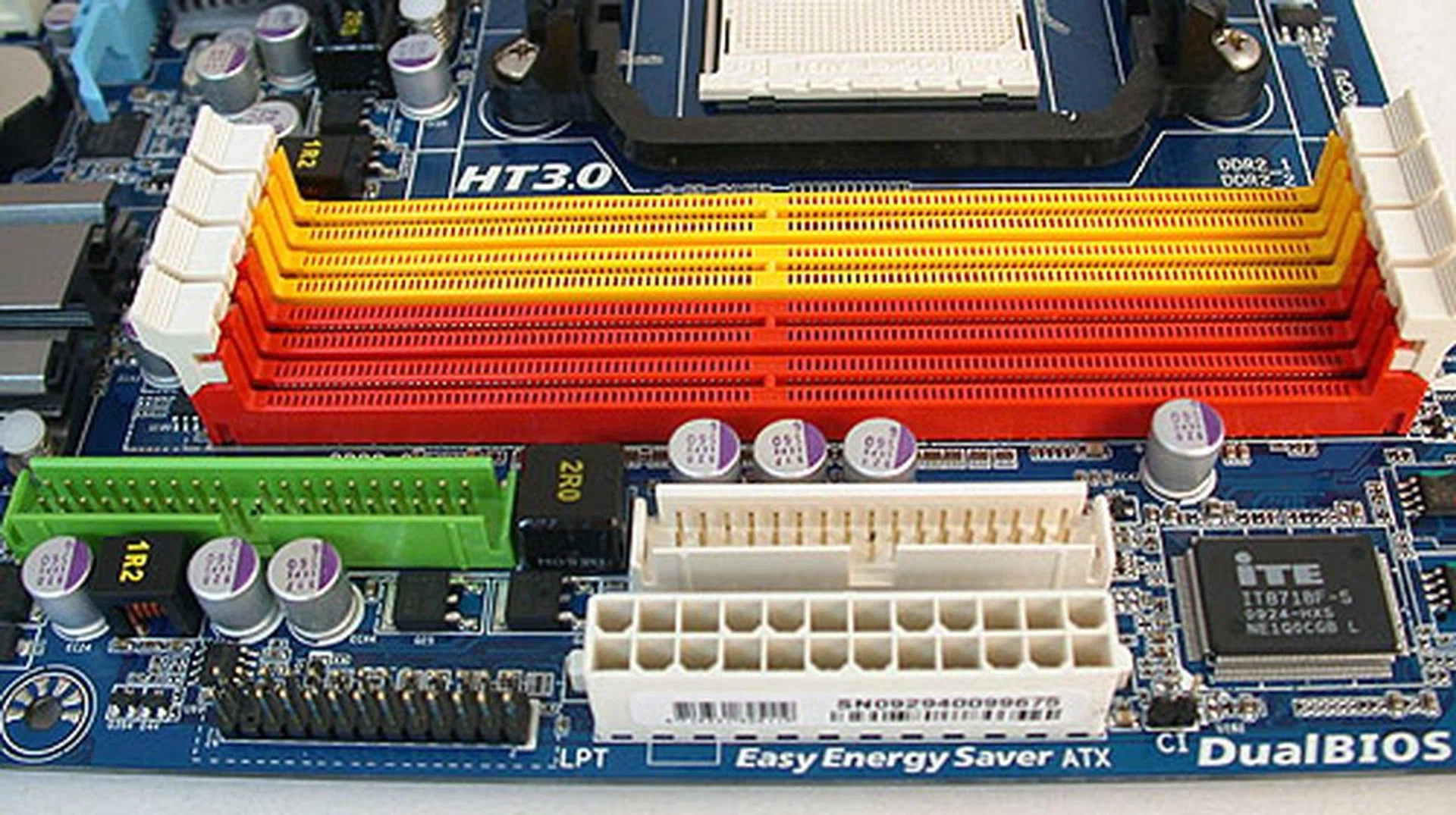 The sole board to offer floppy drive support, the connector is cramped here along with the other essentials, like power and IDE. There's also a LPT connector. Also, don't forget that unlike the other two, this board uses DDR2.