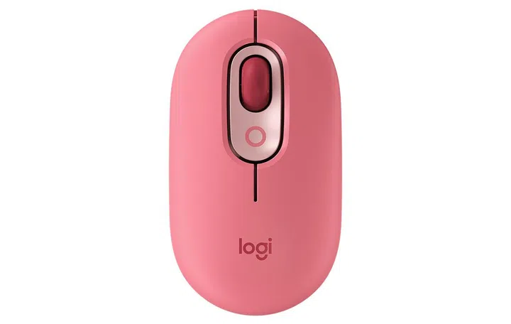The POP Mouse's Heartbreaker colour scheme. The button below the scroll wheel is a dedicated emoji button, though it's also reprogrammable. (Image source: Logitech)