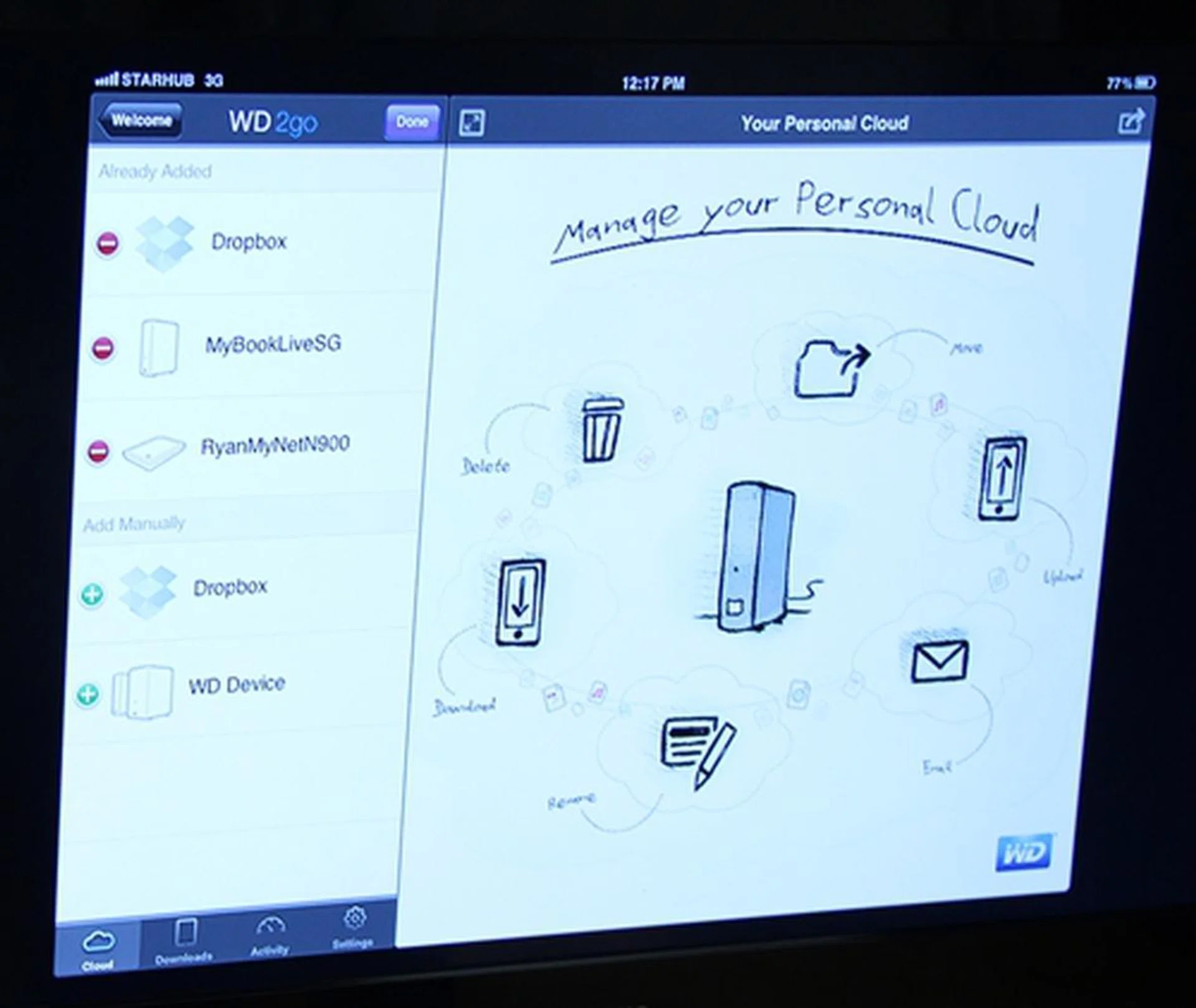 After a successful authentication procedure, the shared device is listed in the left panel of the WD 2go mobile application. There is also support for Dropbox.