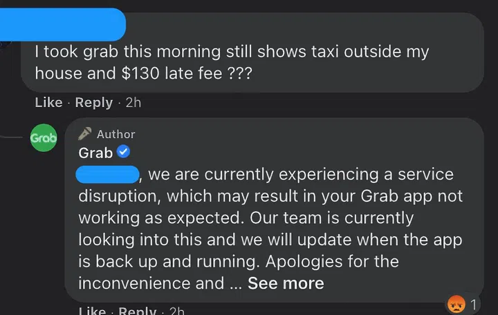 One customer complaint. Image source: Grab Facebook page. 