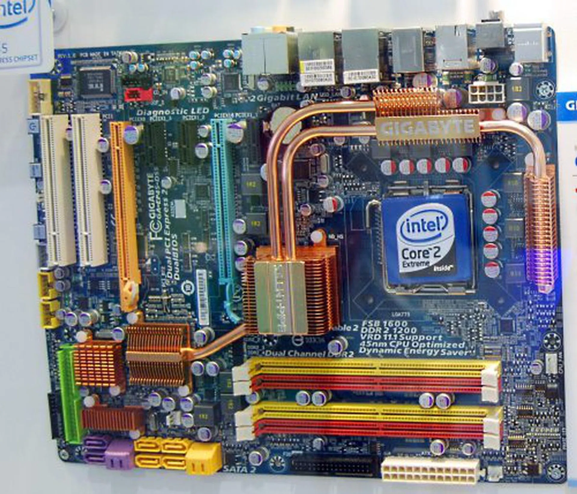  Almost the equal of the DQ6, the Gigabyte GA-EP45-DS5 has the more typical dual Gigabit Ethernet instead of the DQ6's four and apparently lacks the virtual 12 power phases on the DQ6.  