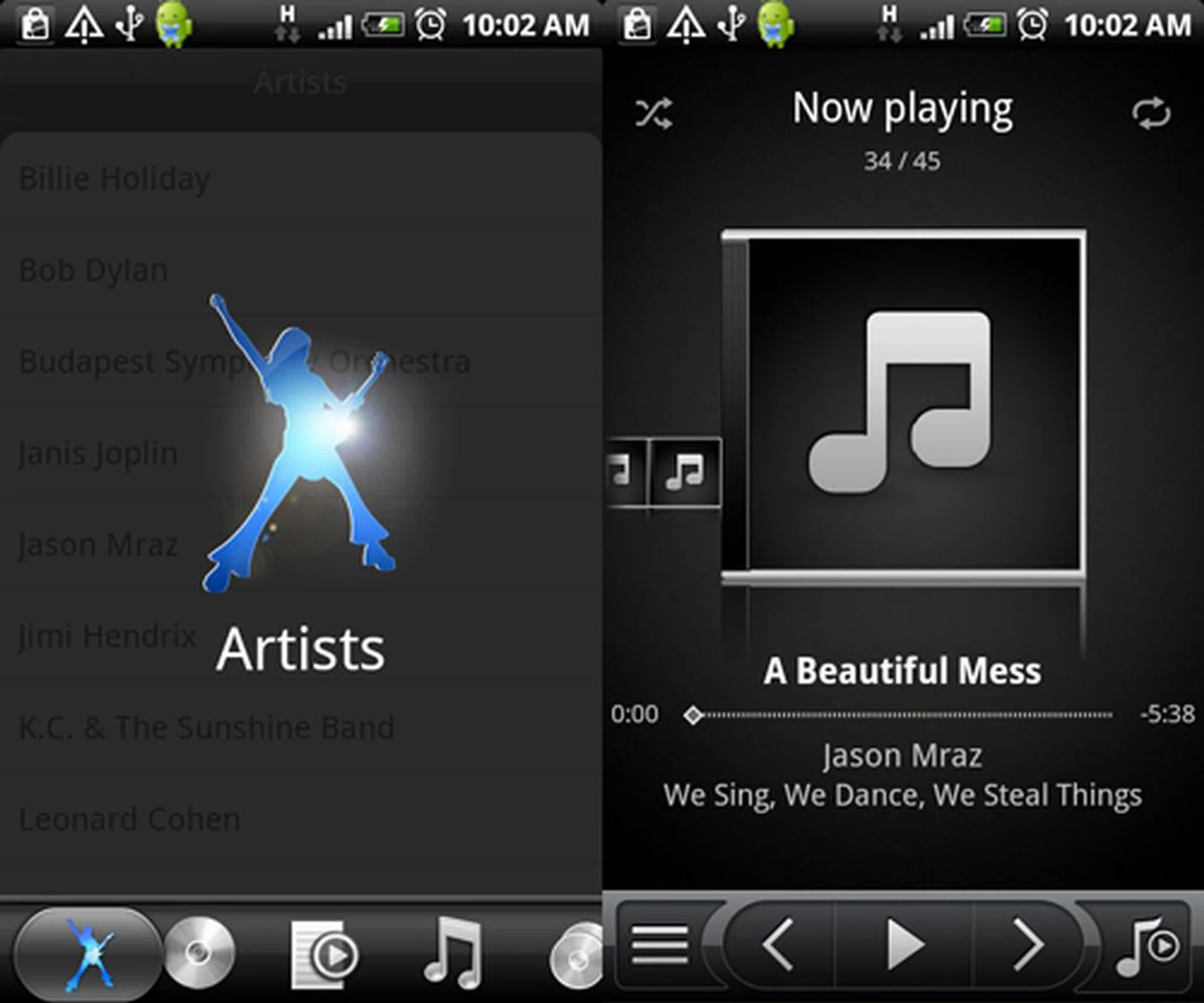 A retooled Music interface that has a better appeal to it than the default Android interface.