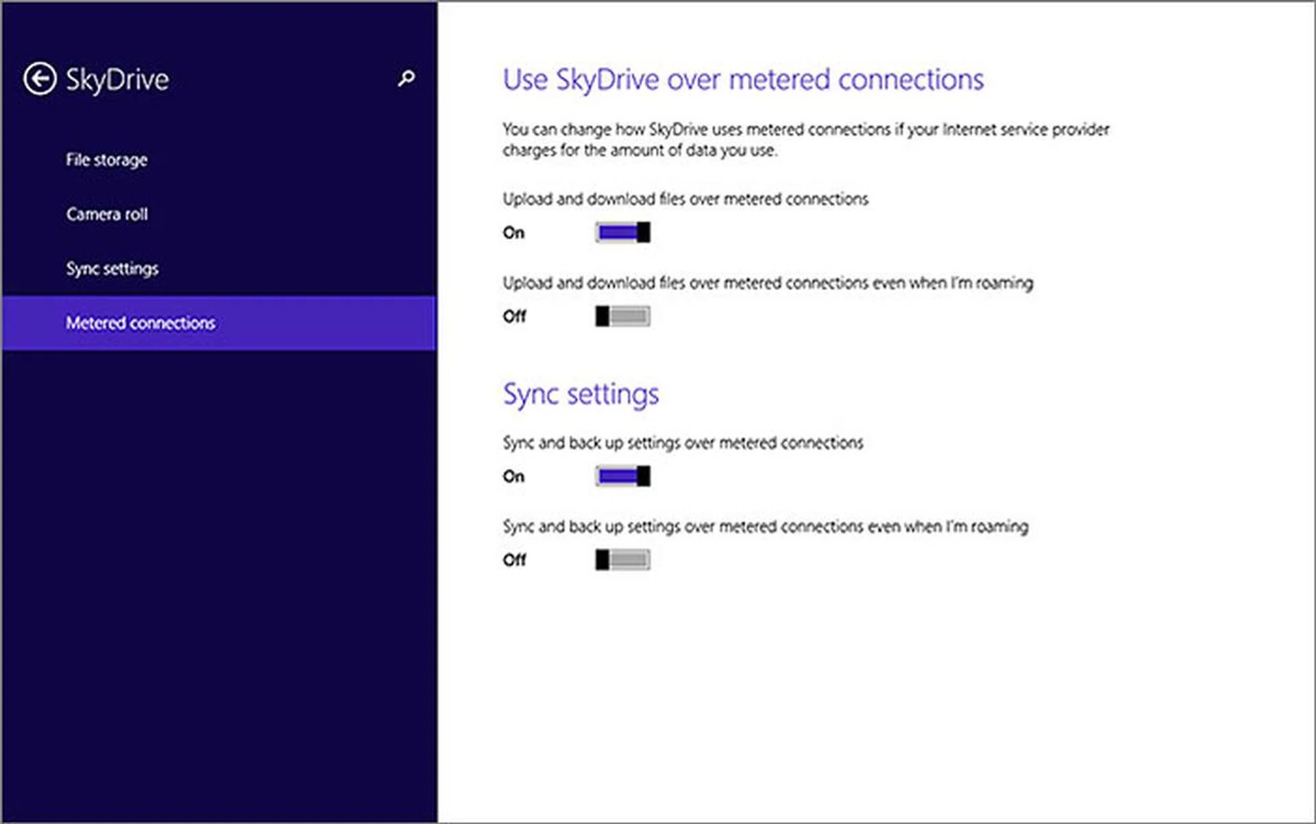 Especially for those with capped mobile data plans, you can decide how SkyDrive uses metered connections.