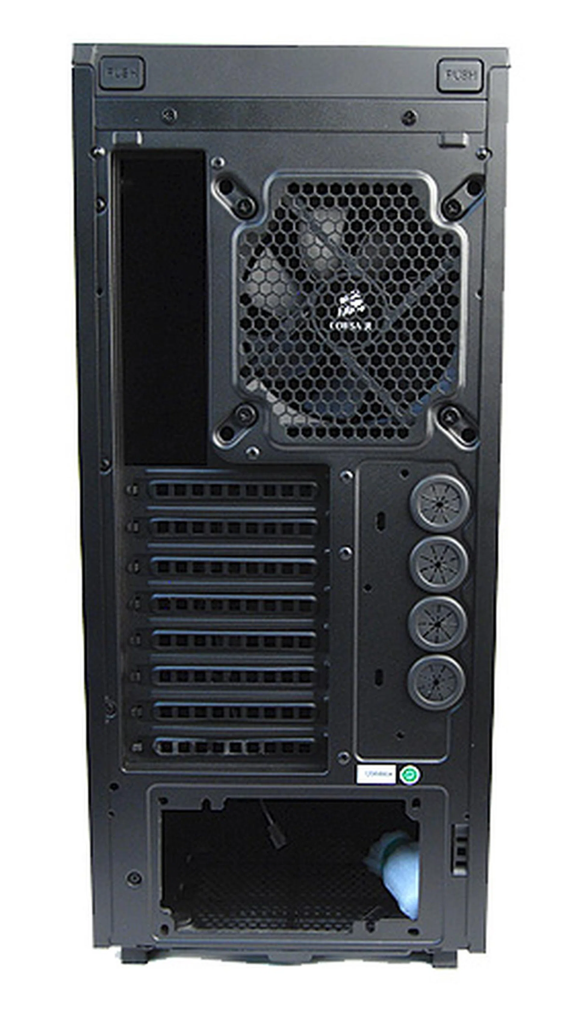 The rear of the casing is pretty standard fare. There's a single 140mm exhaust fan, eight expansion slots and four grommets for liquid-cooling setups.