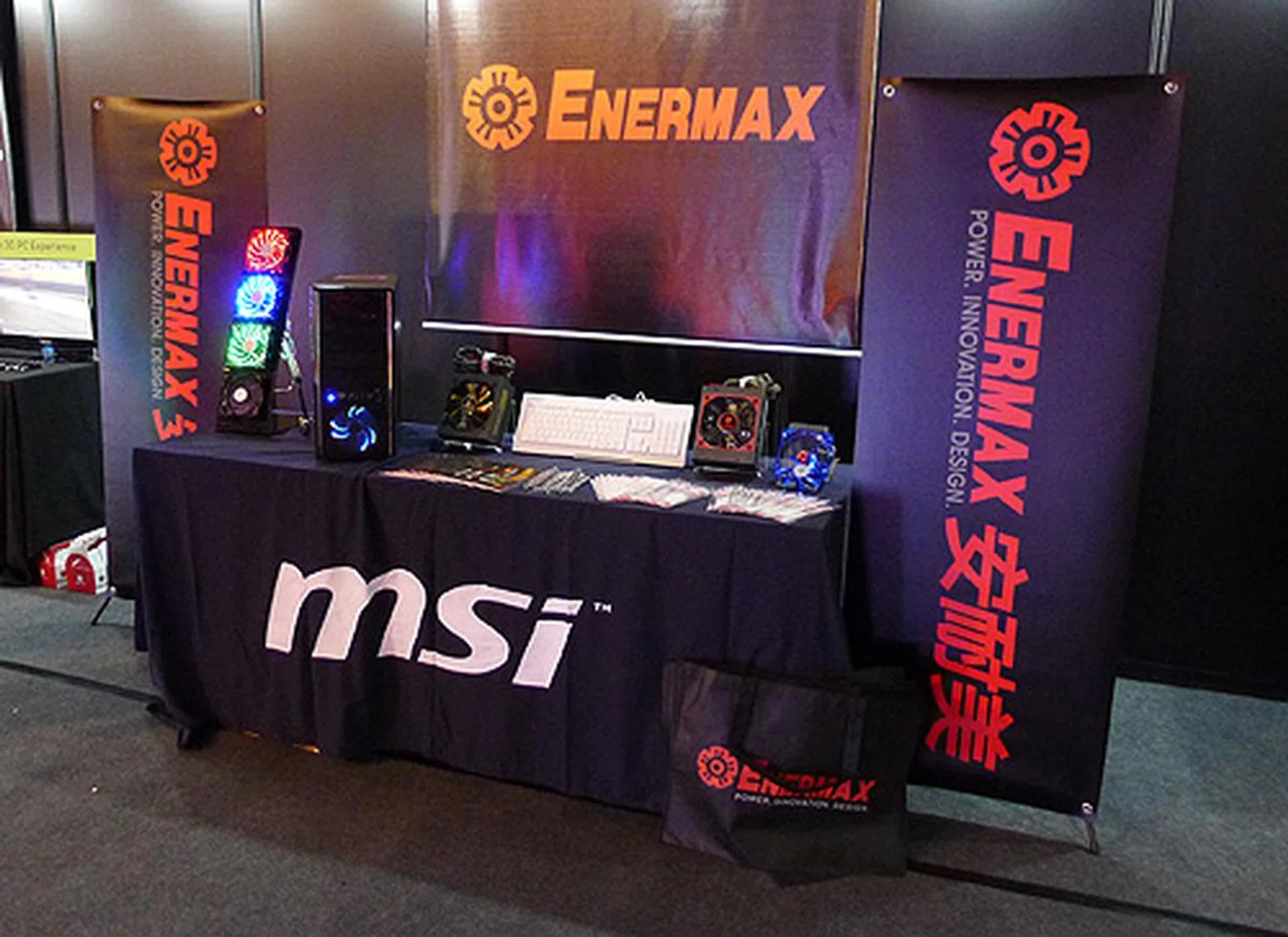 Enermax showing off their colorful cooling fans and PSUs.