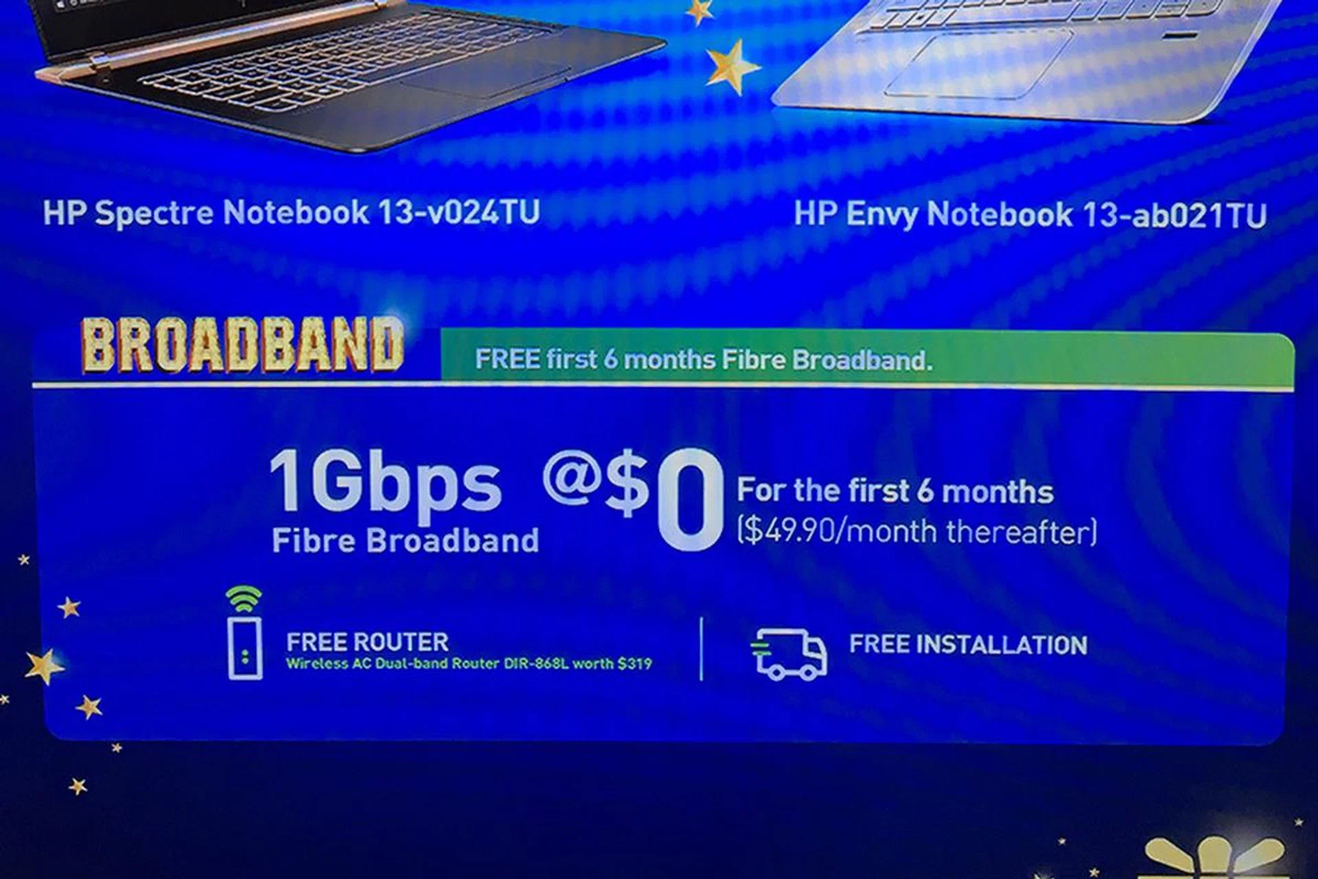 There's this 1Gbps fiber plan from StarHub (24-month contract) that gives you the first 6 months free. After which, the price per month is $49.90. You also get a free D-Link DIR-868L AC1750 wireless router and free service installation.