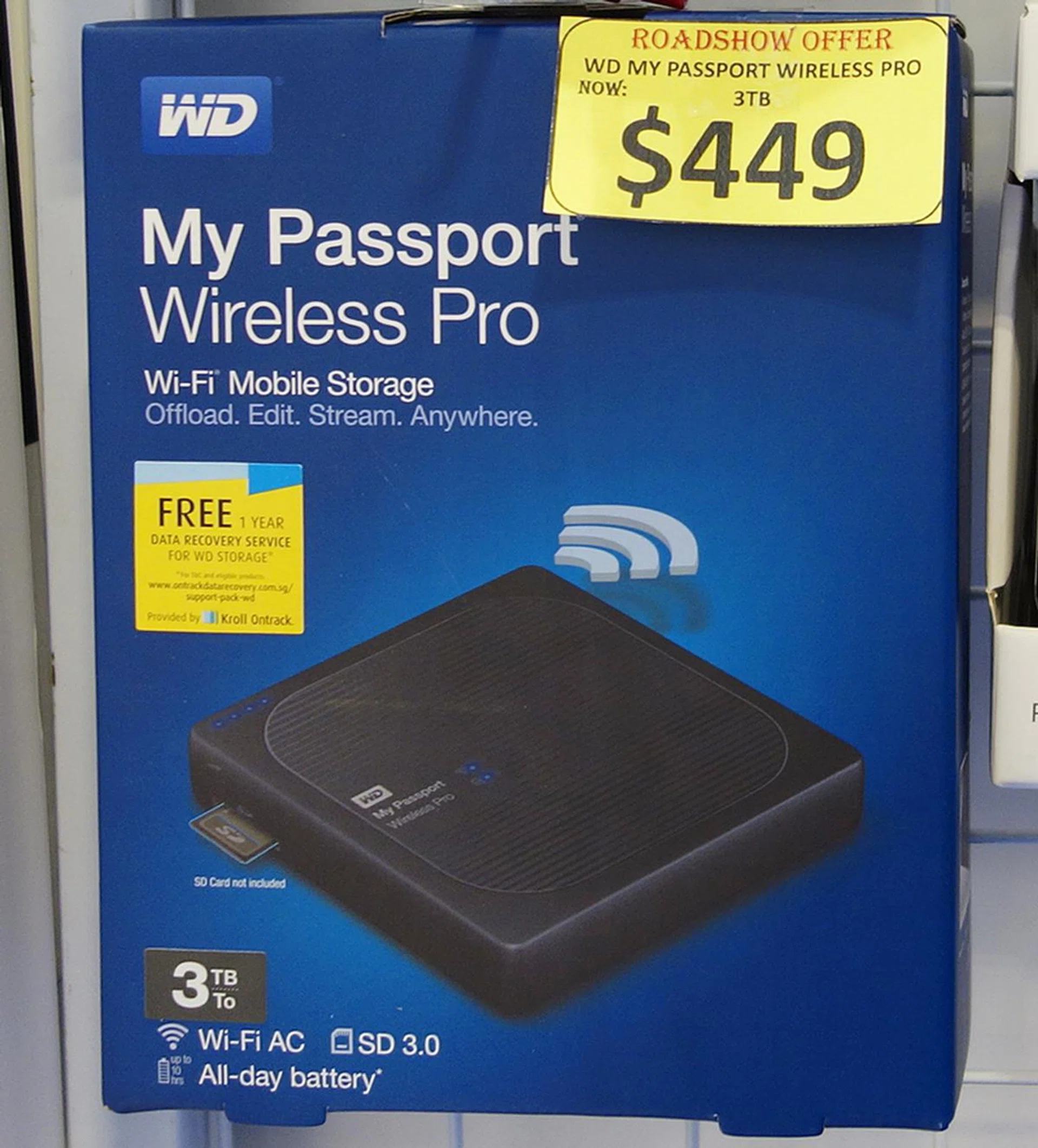 The WD My Passport Wireless Pro is a wireless portable drive that boasts of a long-lasting, rechargeable battery. It comes in two capacities, 2TB ($349, UP: $399), and 3TB ($449, UP:$499). The drive also has a built-in SD card slot, and a free 1-year Kroll Ontrack data recovery service is offered with each purchase.