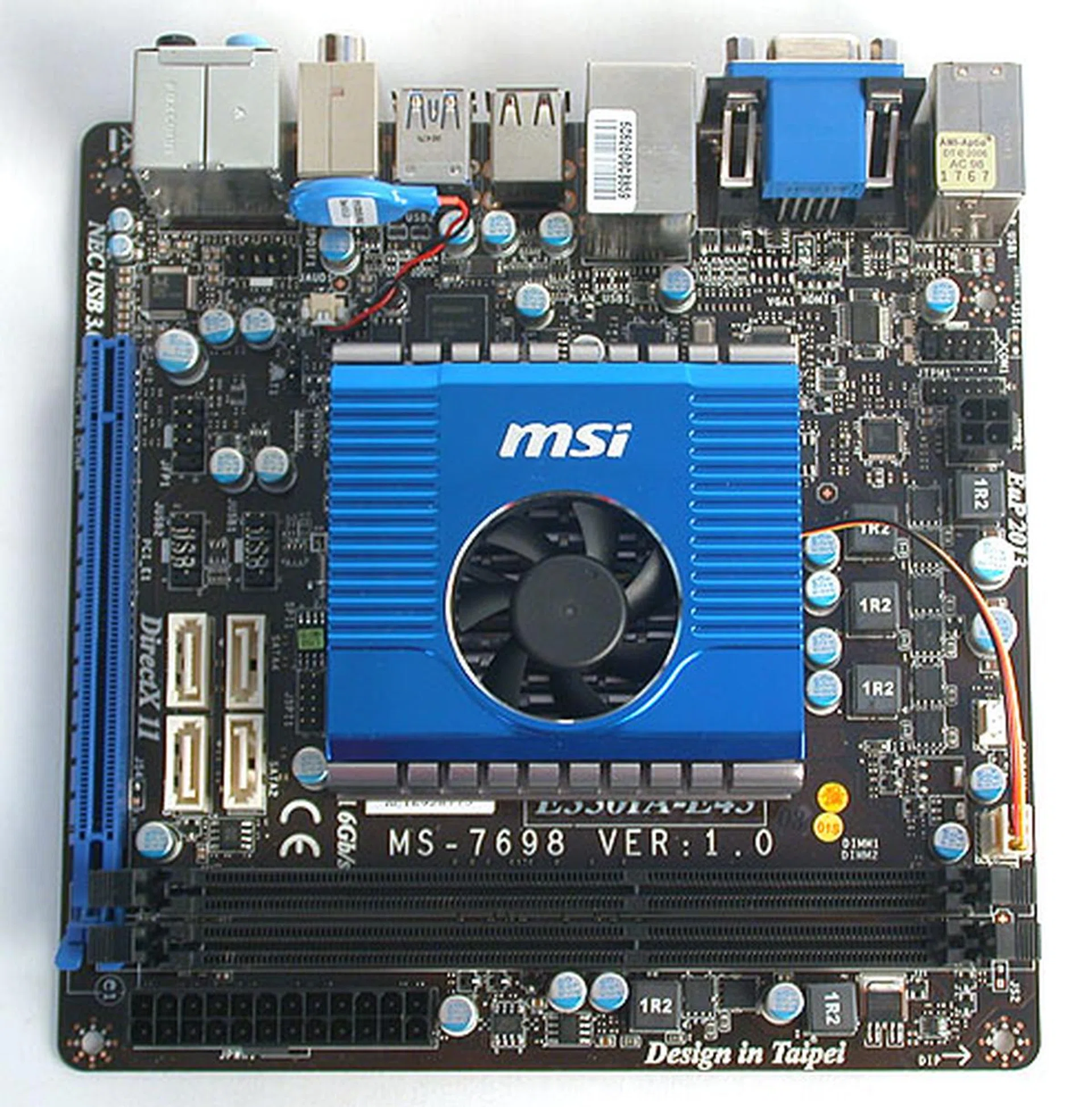 The MSI E350IA-E45 shares quite a lot of similarities with the Gigabyte board before it, from the single heatsink to the 4-pin 12V CPU power connector and USB 3.0 support.