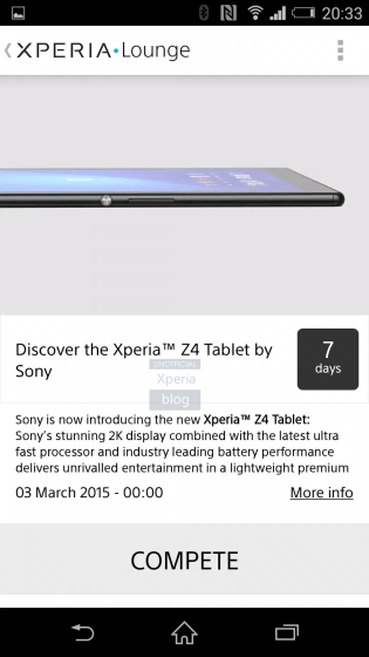 A screenshot captured within the official Xperia Lounge app reveals the upcoming Sony Xperia Z4 Tablet. <br>Image source: Xperiablog