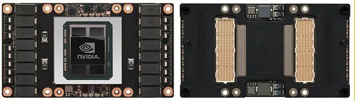 Left: The Tesla P100 Accelerator (Front) with the GPU and memory dies on the same package. Right: The rear of the Tesla P100 showing off the NVLink connectivity.