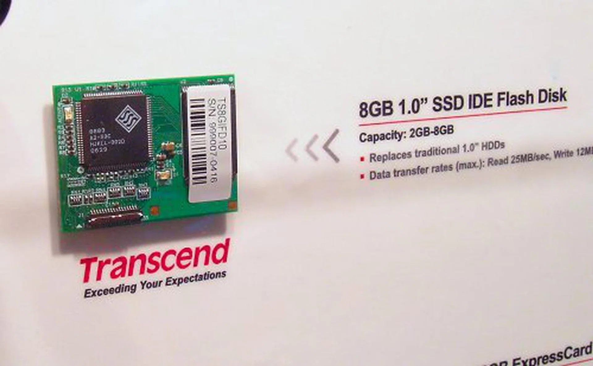  Solid State Drives are another thing no memory maker will miss out on. Trancend shows a 1-inch IDE SSD here with an 8GB capacity and 25MB/s read,12MB/s write.  