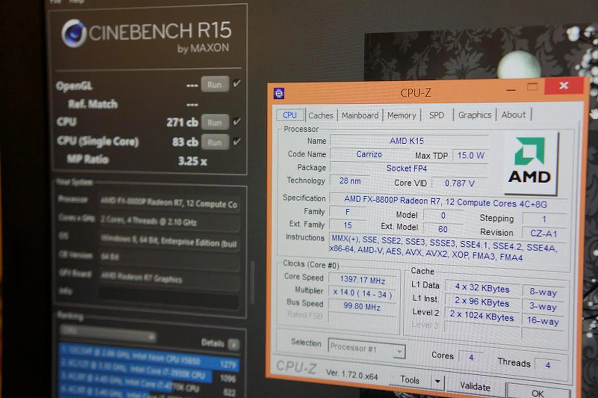 First up, Cinebench performance and a CPU-Z snapshot when the processor is at rest; notice the low voltage and clock speeds.