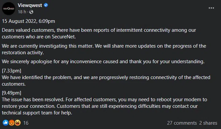ViewQwest hitting a snag in its need for speed, as of 15 August 2022 evening. Image sourced from ViewQwest official Facebook page.