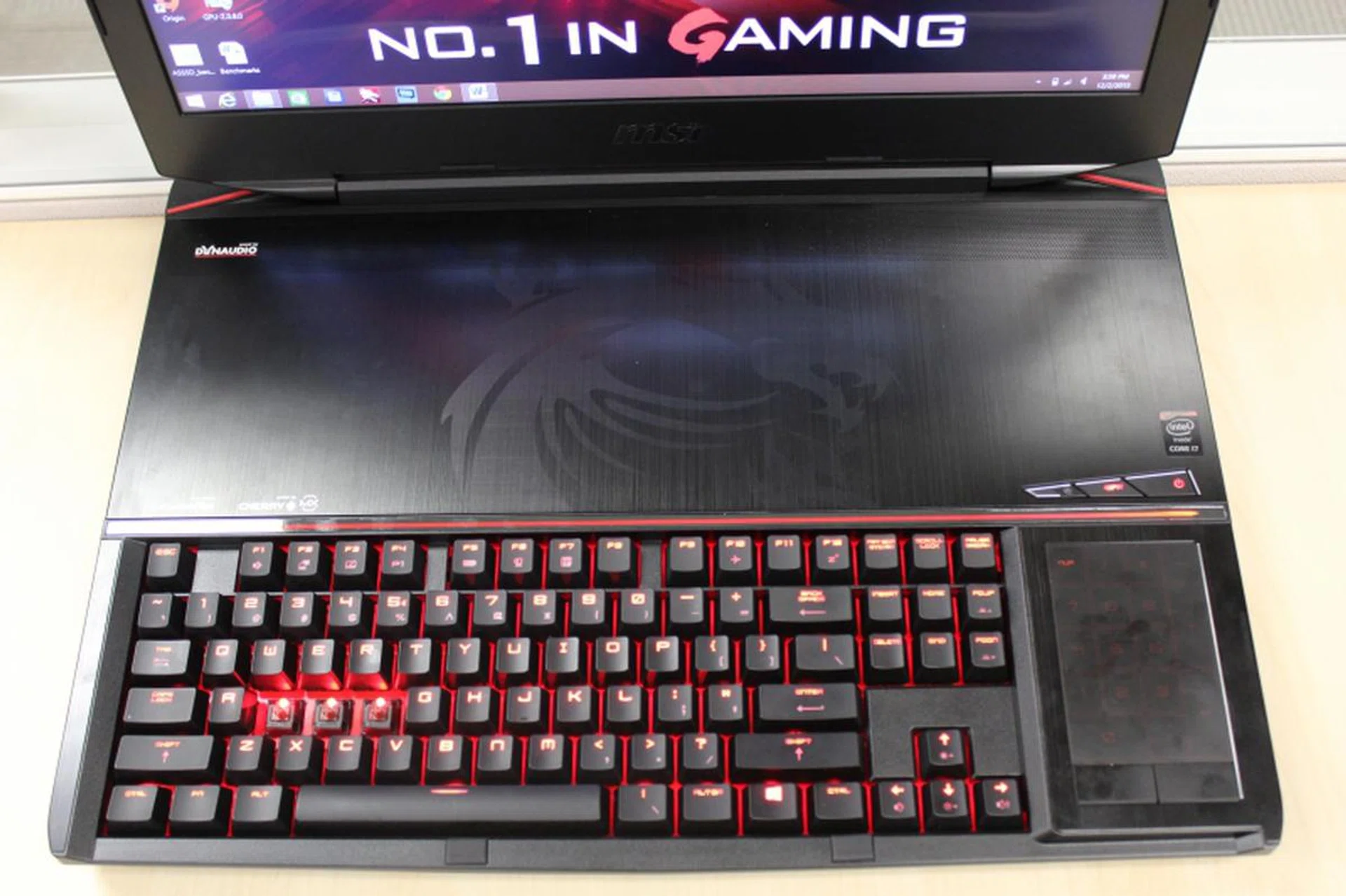 Here's a picture of the GT80 all locked and loaded, the exposed lights on the keyboard are the backlights so you can see how bright they are without any covering.