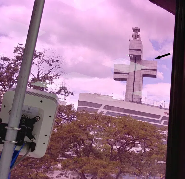 There's a good line-of-sight from the 5G transmitters atop the Singtel Tetris building and the receiver in the foreground within the 5G Garage.
