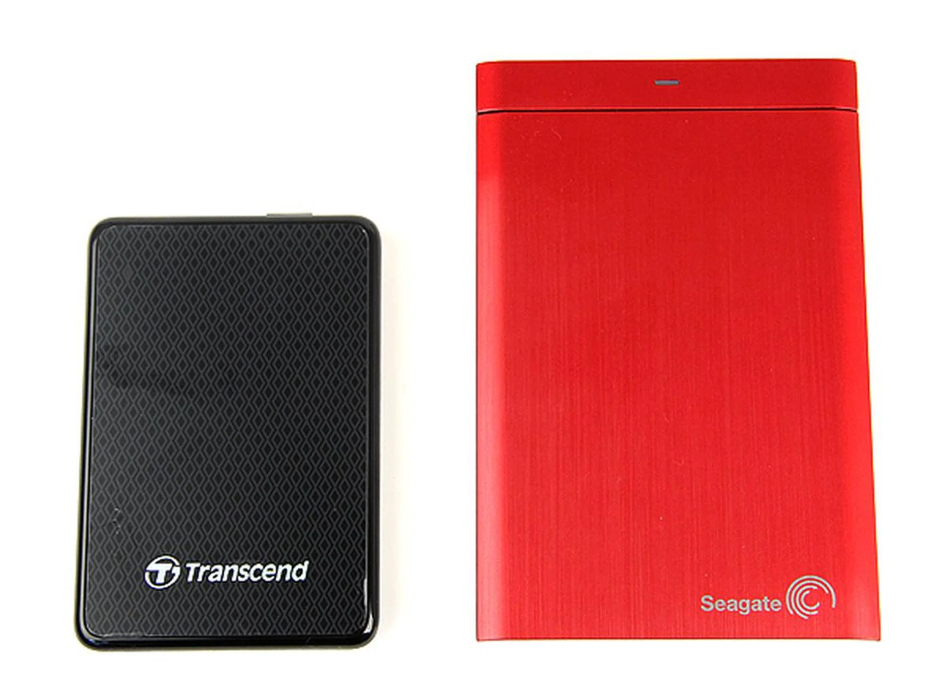 The Transcend ESD200 portable SSD is much more compact than a regular 2.5-inch portable external hard drive. Here it is next to the Seagate Backup Plus.