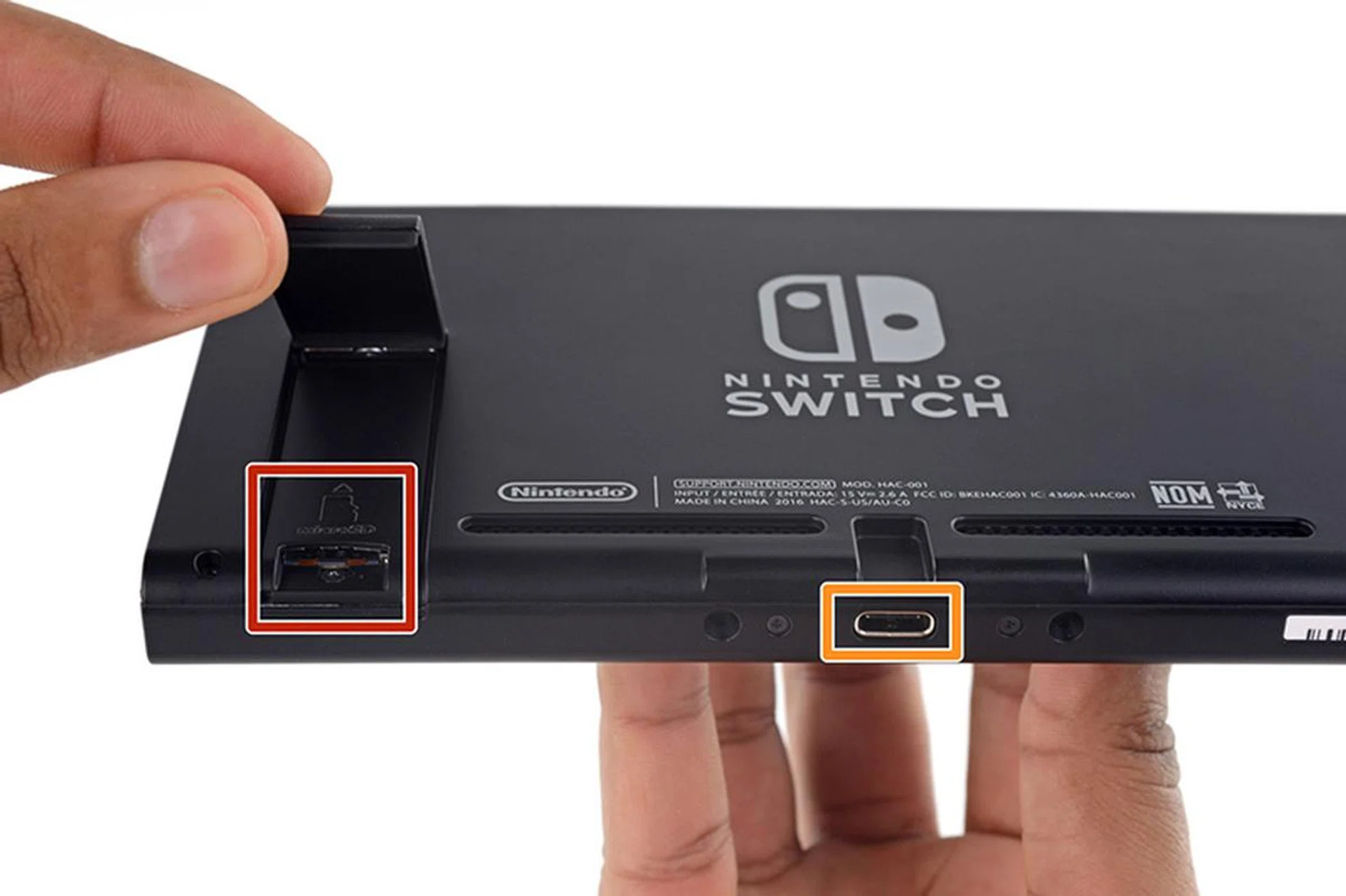 The Nintendo Switch console uses USB-C (that receptacle in the middle). (Image source: iFixit.) 