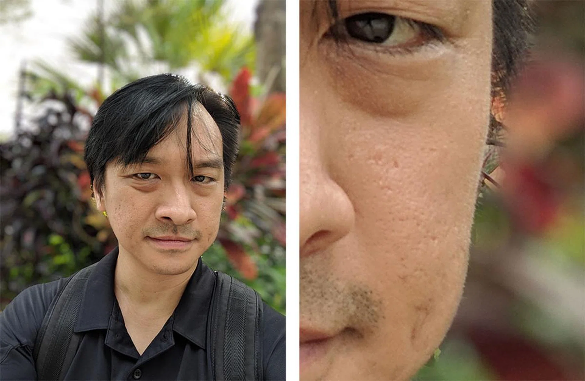 Forgive the face, but you can see uneven edges along the ears (left) in this shot from the front camera, and odd whiskers on the side of the face in the 100% crop (right).