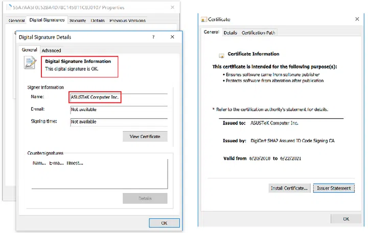 Digital signature on a trojanized ASUS Live Update setup installer
Certificate serial number: 05e6a0be5ac359c7ff11f4b467ab20fc (Image source: Kaspersky Lab)