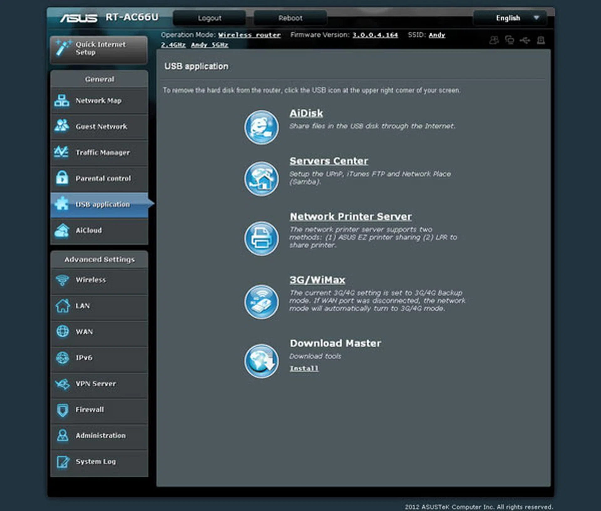 The USB application page houses all of the router's USB-based services, including AiDisk, Servers Center (you can tune the Samba and iTunes FTP settings here), Network Printer Server, 3G/WiMax, and Download Master. 