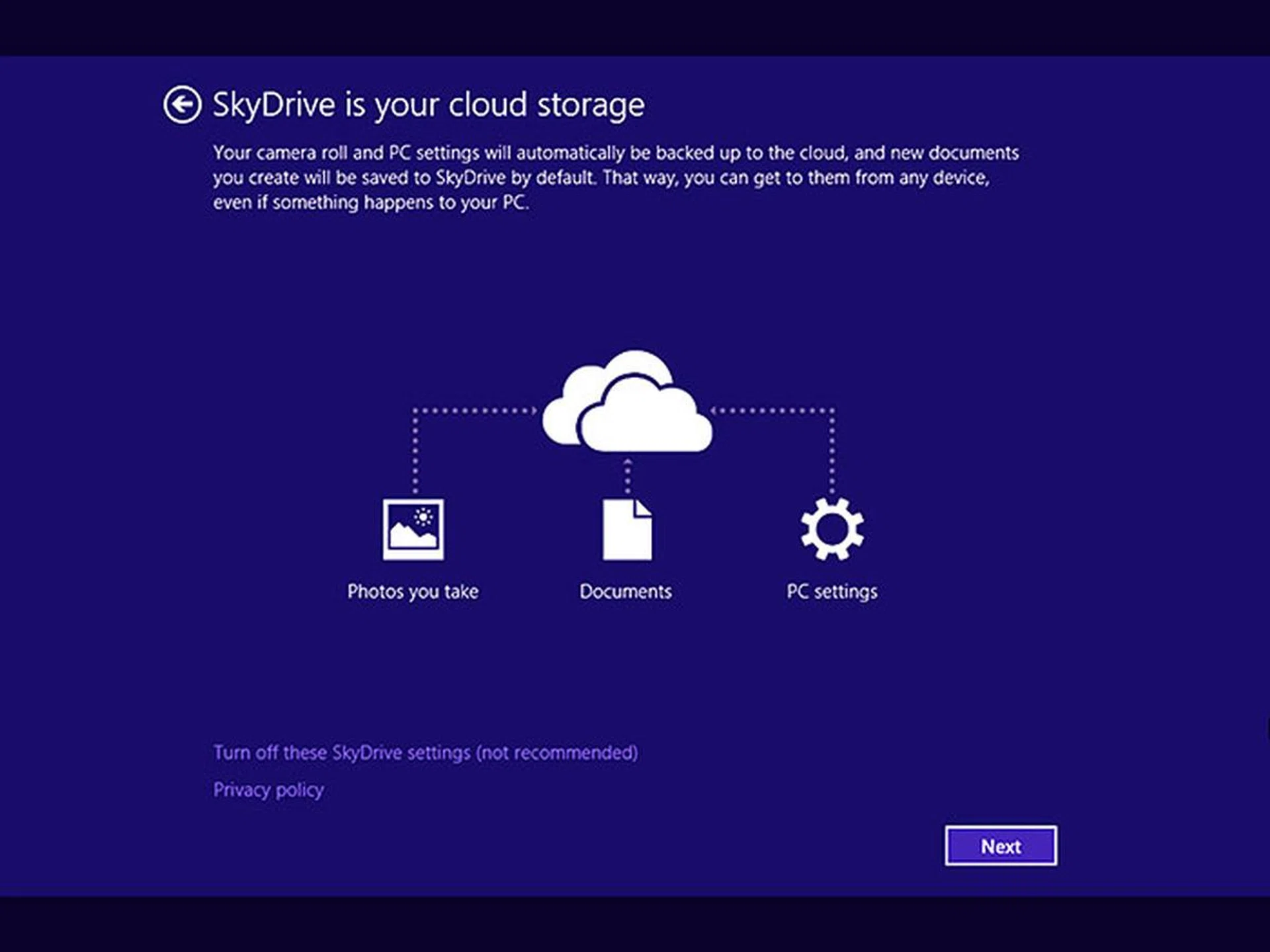 To really take advantage of Windows 8.1 and the cloud, we recommend that you don't turn off these SkyDrive settings during Windows Setup.