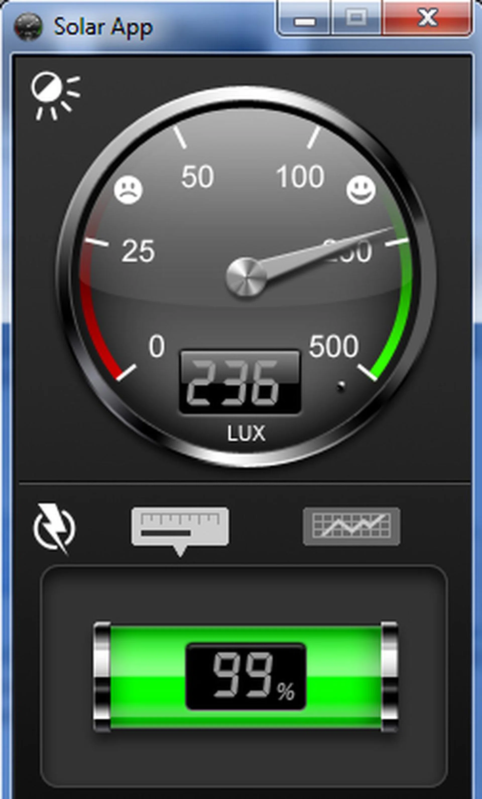 The solar app gives you an indication of the K750's battery life, and the power you're getting from the light source.