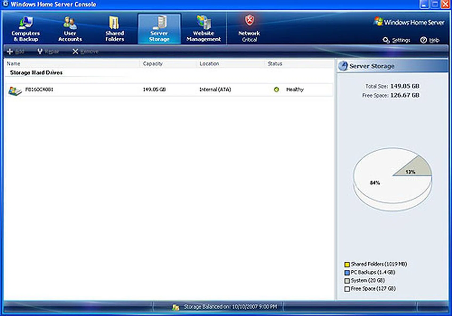 (Click to enlarge.) As you can see, our test machine had only one physical hard drive but expect to find multiple hard drives for most Home Server systems sold in retail. With a quick glance, one would have an idea of the total drive space available and the proportion of its usage. Adding a new hard drive (internal or external works, USB or FireWire too) is simple enough - plugging in the hardware and then adding the device via this interface. You will of course lose all data on that drive as Home Server will format it. Similarly so for removing a hard drive, though there has to be sufficient disk space on the other drives to take up the slack before you're allowed to remove a drive from the pool. Users do not need and cannot see the underlying directory and file structure of the hard drives, i.e. no drive letters. Everything is juggled automatically by the OS.