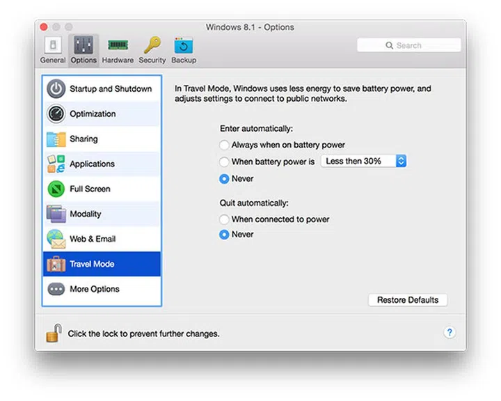Travel Mode on Parallels 11 extends battery life by up to 25 percent by temporarily shutting off select resources.