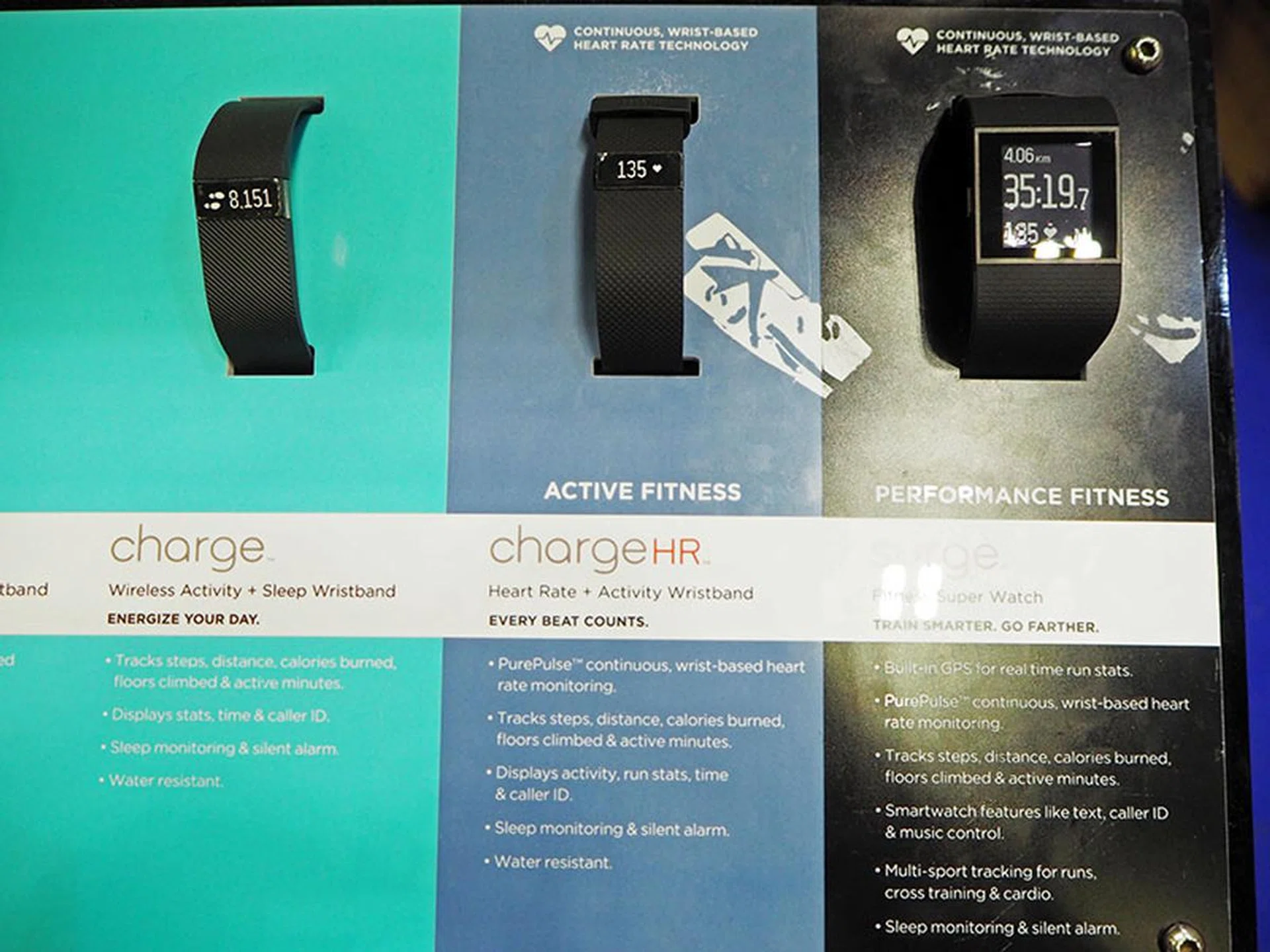 Fitbit has a good deal with S$30 off the Charge (far left, U.P. S$169). The higher-end Charge HR, with heart-rate monitoring, is going for S$10 off (center, U.P. S$199), while the Surge is going at a big S$50 off (far right, U.P. S$349).