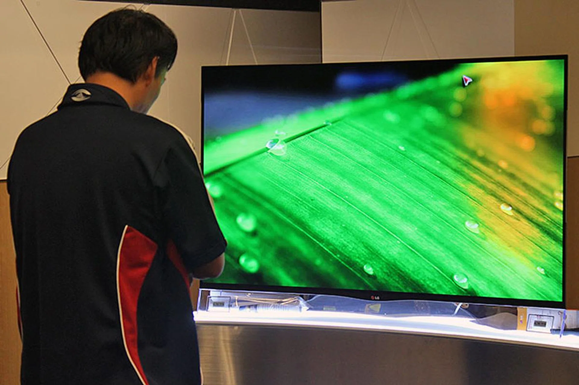 An attendee admiring the picture quality of the 55EA9800 OLED TV, which sports LG's 4-color pixel (WRGB) technology.