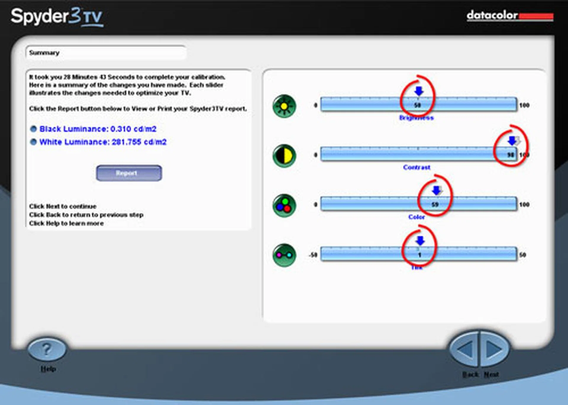 The calibrated settings for the Sony Bravia HX925 are as follows - Brightness: 50, Contrast: 98, Color: 59, and Tint: G1. Black and white luminance readings were recorded at 0.310 cd/m2 and 281.755 cd/m2 respectively. All readings are based on the Standard picture preset.   