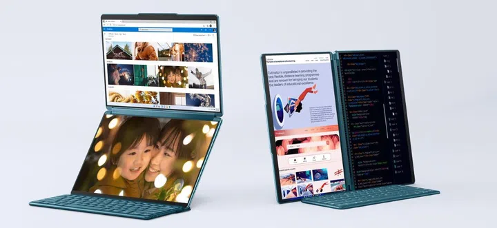 The stand lets you use the Yoga Book 9i in two ways. But more importantly, it gives you a true big screen mobile computing experience. (Image source: Lenovo)