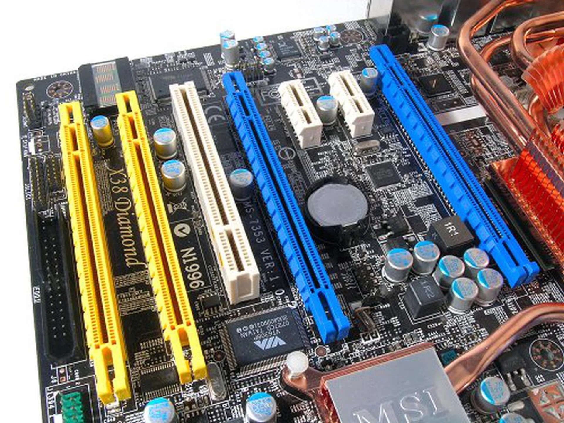 The X38 Diamond features up to four quad PCIe graphics slots. Though the yellow slots are really too close together for most ATI offerings.