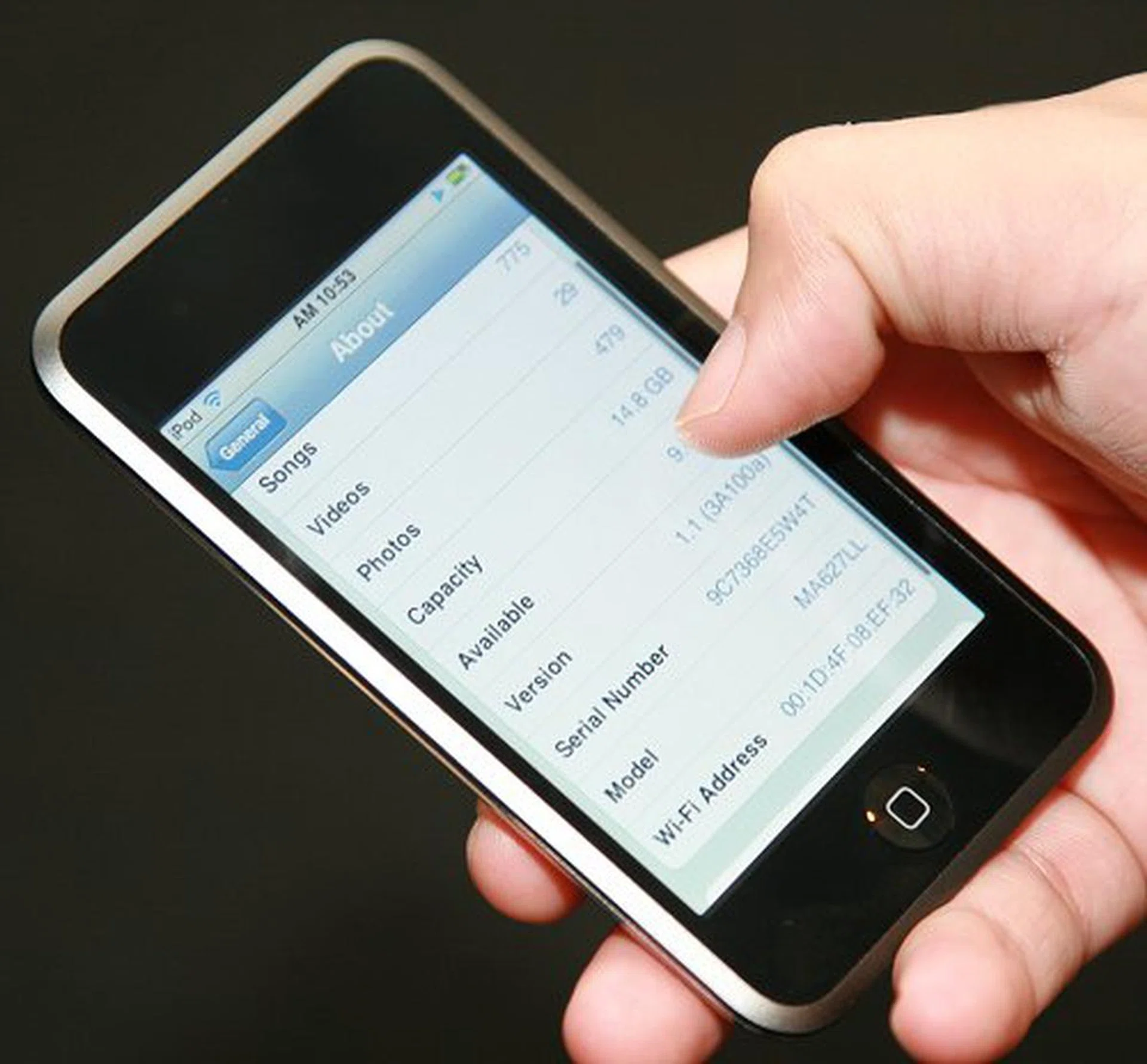 Main details about the iPod touch can be found in the 'About' tab under 'Settings'.