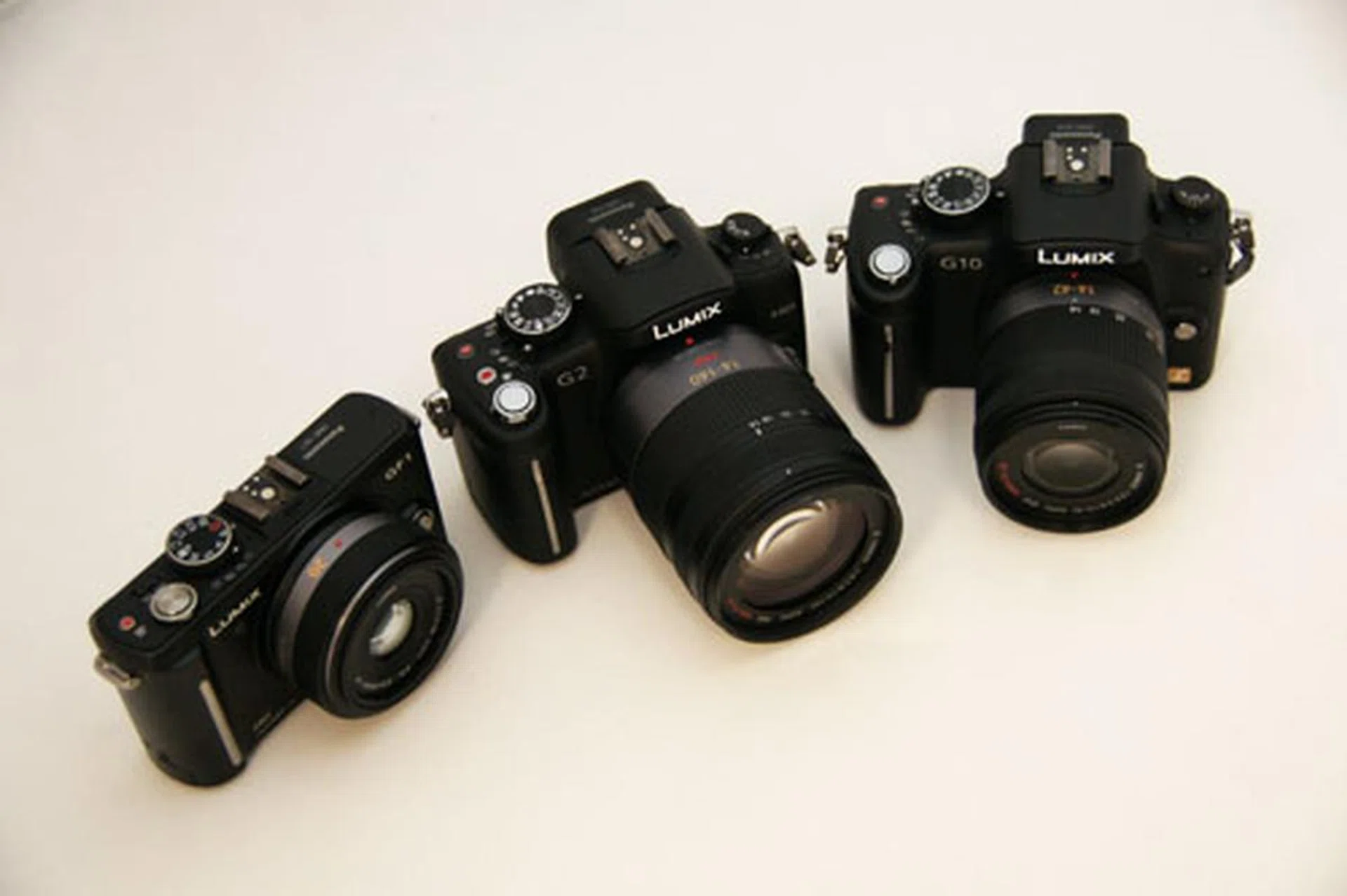 The Panasonic Lumix GF1 (left), G2 (centre) and G10 (right).