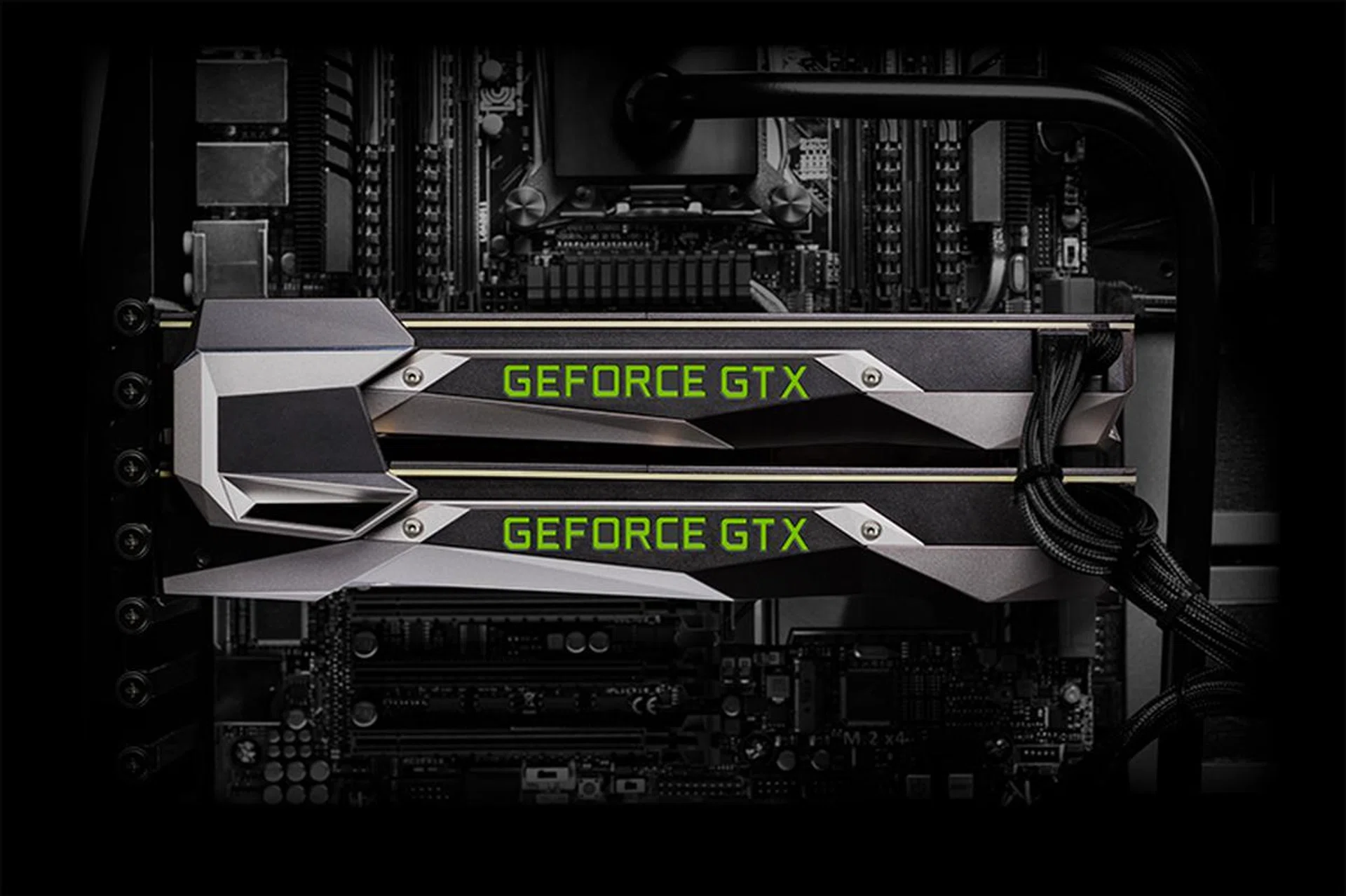 You can probably take over the world with two of these in SLI. The SLI bridge used here is one of the new SLI HB bridges.