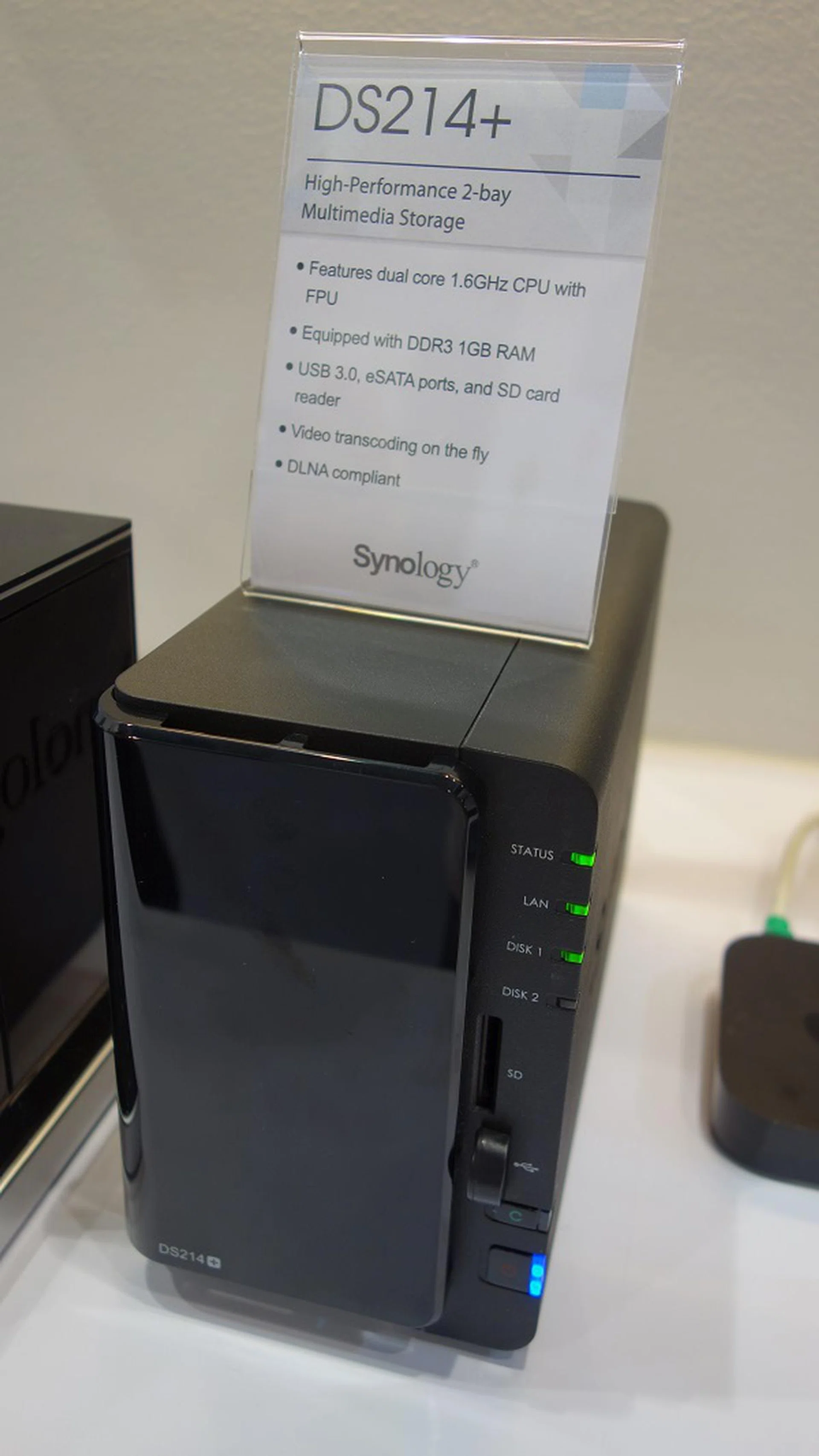 The Synology DS214+ features an unnamed Intel processor, and can apparently transcode video on-the-fly.