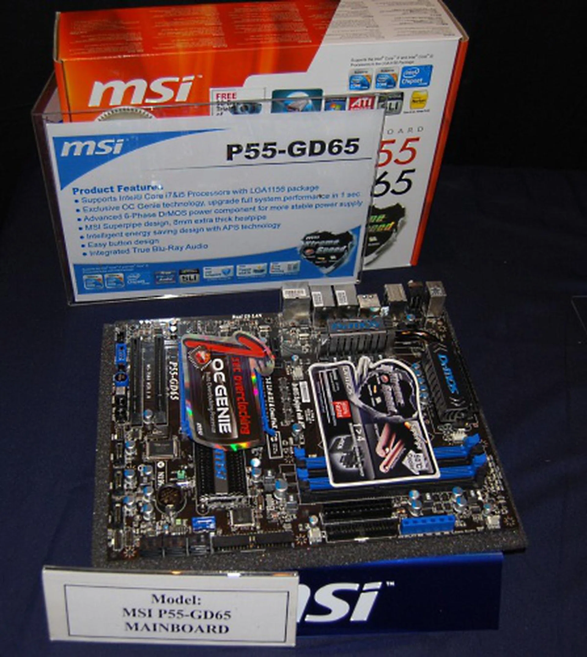 The highlight of the show is the MSI P55-GD65. It does not have the most features among MSI's P55 boards but it should strike a nice balance in performance and features for the mainstream consumer.