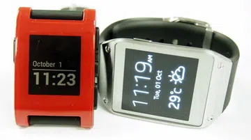 The Pebble Watch (left) is in many ways, a more functional smart watch than the Samsung Galaxy Gear (right).