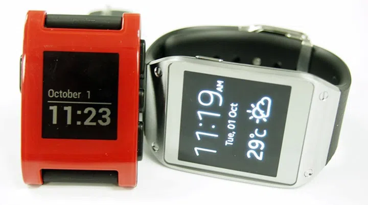 The Pebble Watch (left) is in many ways, a more functional smart watch than the Samsung Galaxy Gear (right).