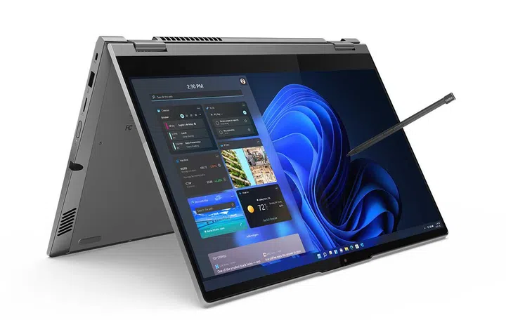 The ThinkBook 14s Yoga Gen 2 in a tented position. (Image source: Lenovo)