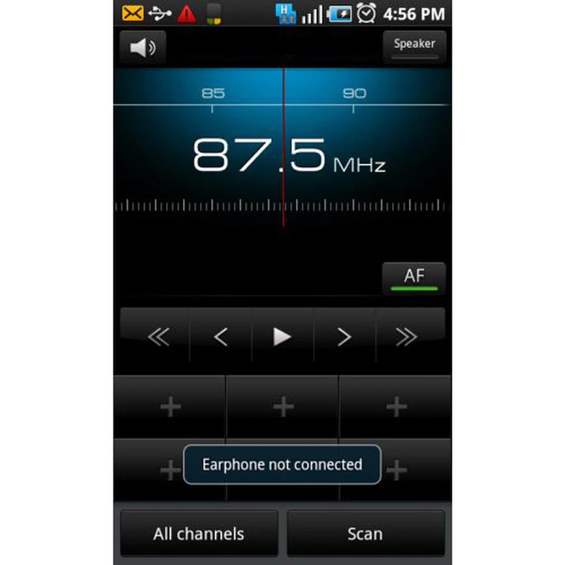 At last, another Android smartphone with an FM radio! Samsung built RDS and 6 station presets into the one on the Galaxy S i9000.