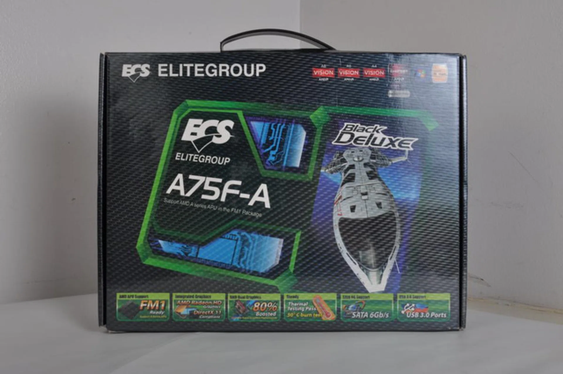 This is how the ECS A75F-A Black Deluxe's packaging appears like when you look for this motherboard in retail stores. We anticipate its price to be adjacent to some of the A75-based boards that we saw online. 
